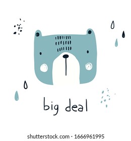 Color vectorial adorable ilustración de niños dibujados a mano, afiche, impresión, postal con un oso azul gracioso y letras mucho en el estilo escandinavo sobre un fondo blanco. Animales bebés.