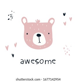 Vector color cute children's hand-drawn illustration, poster, print, postcard with a funny pink bear and lettering awesome in the Scandinavian style on a white background. Cute baby animals.
