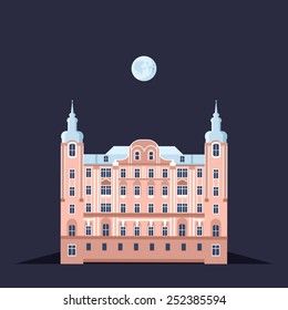 Vector color cute flat illustration with old baroque pink building under dark sky with moon