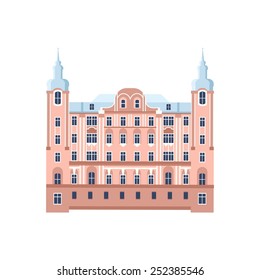 Vector color cute flat ilustration with old baroque pink building