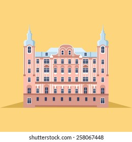 Vector color cute flat ilustration with old baroque pink building