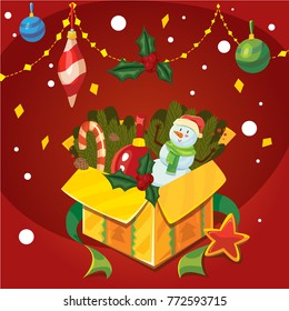 Vector color cute greeting card banner design of open Christmas gift box with garland decoration