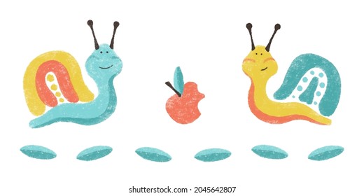 Vector color cute hand-drawn illustration in cartoon style two snails and an apple