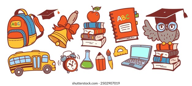 Vector color cute illustration collection of back to school education symbols and objects 