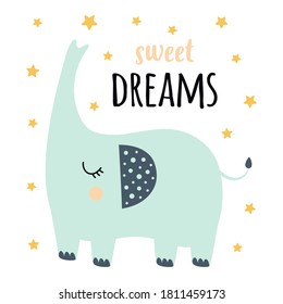 color vectorial adorable ilustración de elefante lindo e inscripto dulces sueños en estilo escandinavo sobre fondo blanco, tarjeta de bebé linda, afiche, impresión con animal bebé y letras