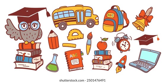 Vector color cute illustration set of back to school education symbols and objects 