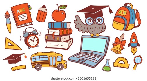 Vector color cute illustration set of back to school education symbols and objects 