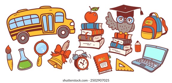 Vector color cute illustration set of back to school education symbols and objects 