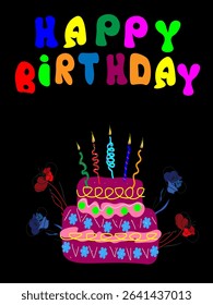 VECTOR COLOR DESIGN, cake with candles, підпис "Happy Birthday". Ви можете створити postcard, poster, banner, print