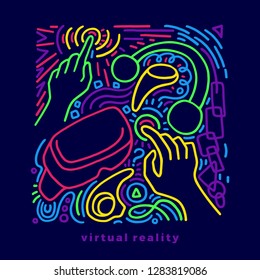 Vector color design of device virtual reality. Art line sketch, graphic hand drawn futuristic illustration, concept Doodle abstract elements of helmet, glasses, arm, mask, headphones Modern neon sign
