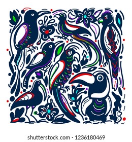 Vector color design of exotic bird. Tropical jungle, plant, leaves, strelitzia, hibiscus flower. Cockatoo, toucan, parrot Hand drawn abstract summer illustration Sketch art line decor, paradise card