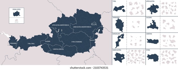 Vector color detailed map of Austria with administrative divisions of the country, each region-states is presented separately in highly detailed and divided into districts