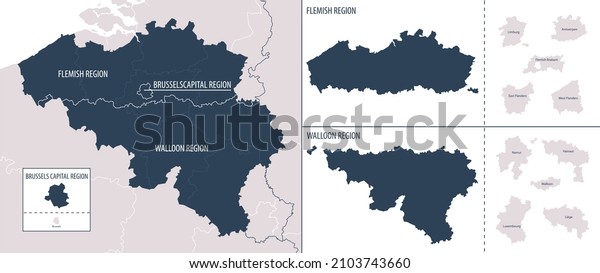 Vector color detailed map of\
Belgium with administrative divisions of the country, each regions\
is presented separately in highly detailed and divided into\
provinces