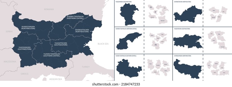 Vector color detailed map of Bulgaria with the administrative divisions of the country, each Regions is presented separately and divided into Provinces (Oblasts)