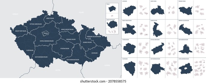 Vector color detailed map of Czech Republic with administrative divisions of the country, each regions is presented separately in highly detailed and divided into districts