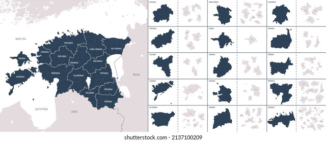 El mapa detallado del color de los vectores de Estonia con las divisiones administrativas del país, cada condado y parroquia se presenta por separado y se divide en municipios