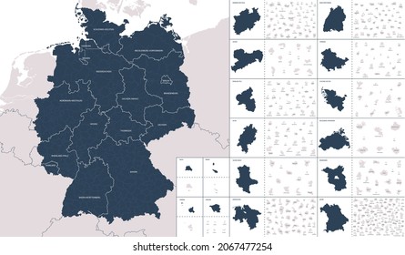 Vector color detailed map of Germany with administrative divisions of the country, each federal states is presented separately in highly detailed and divided into regions svg