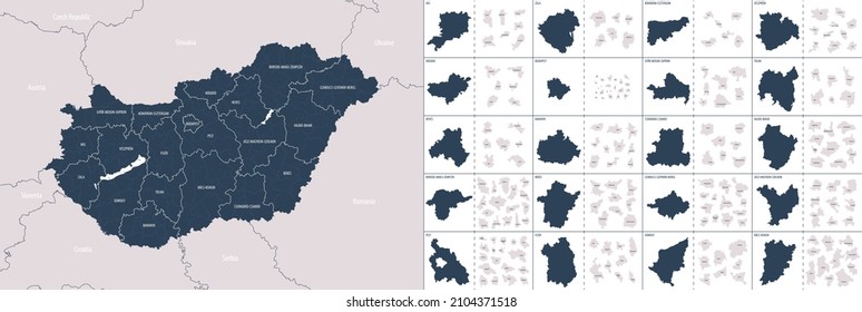  Vector color detailed map of Hungary with administrative divisions of the country, each counties is presented separately in highly detailed and divided into districts
