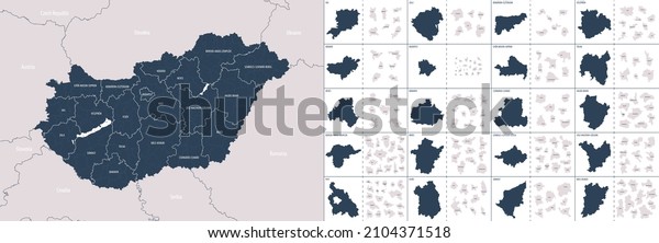  Vector color\
detailed map of Hungary with administrative divisions of the\
country, each counties is presented separately in highly detailed\
and divided into districts
