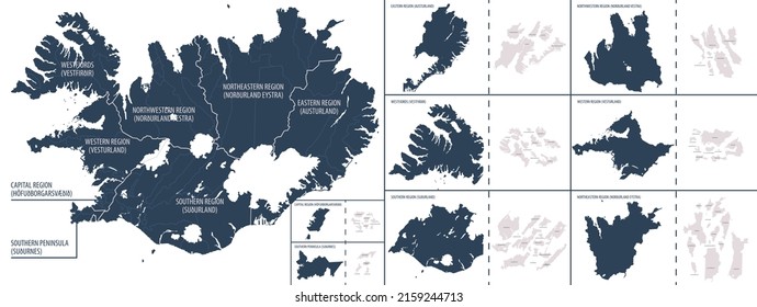 Vector color detailed map of Iceland with the administrative divisions of the country, each Regions is presented separately and divided into Municipalities