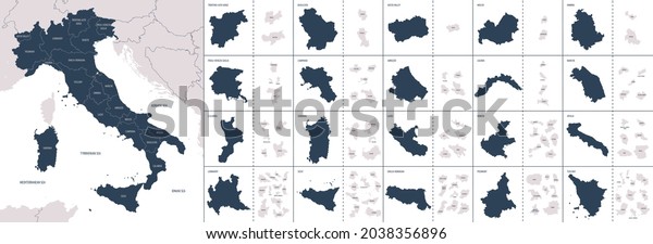 Vector color detailed map of Italy\
with administrative divisions of the country, each region is\
presented separately in-highly detailed and divided into\
provinces
