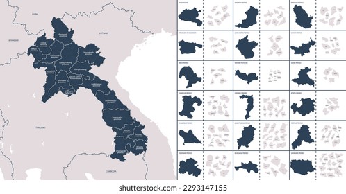Mapa detallado del color de los vectores de Laos con divisiones administrativas del país, cada provincia se presenta por separado en muy detalle y dividida en distritos