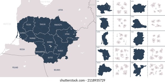 Vector color detailed map of Lithuania with administrative divisions of the country, each Counties is presented separately in-highly detailed and divided into municipalities
