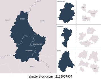 Mapa detallado del color vectorial de luxemburgo con las divisiones administrativas del país, cada distrito se presenta por separado y se divide en cantones