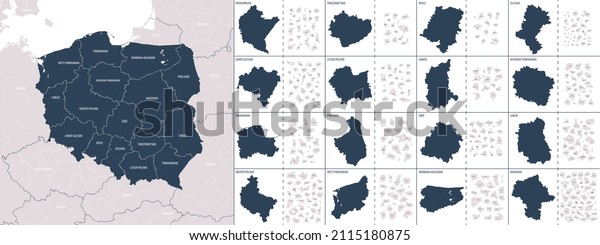 Vector color detailed map of Poland with\
administrative divisions of the country, each provinces\
(voivodeships) is presented separately in-highly detailed and\
divided into counties\
(powiats)