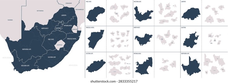 Vector color detailed map of South Africa with the administrative division of the country, each province is presented separately with high degree of detail and divided into districts