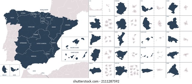 Vector color detailed map of Spain with the administrative divisions of the country, each Autonomous communities is presented separately and divided into autonomous cities and Provinces