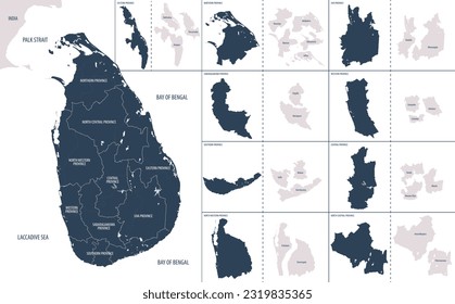 Vector color detailed map of Sri Lanka with administrative divisions of the country, each provinces is presented separately in-highly detailed and divided into districts