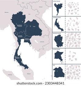 Vector color detailed map of Thailand with administrative divisions of the country, each region is presented separately in-highly detailed and divided into provinces