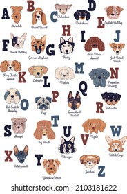 Vector color dog breeds alphabet poster with cute dog faces hand drawn illustrations, letters and comic  titles  for printing for preschool classes and kid room and also for homeschooling