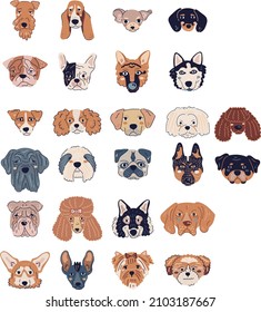 Vector color dog breeds hand drawn illustration with cute dog faces for creating alphabet for preschool classes and kid room, dog birthday invitation and other goods for dog lovers