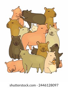 Vector color doodle with capybara animals in different poses. Cute pet characters