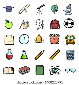 Vector Color Doodle Education Icons Set. University and School Subject Icons.