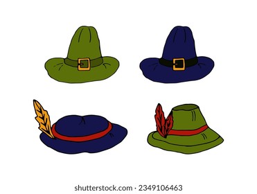 vector color doodle illustration - blue and green hats for autumn holidays thanksgiving day, oktoberfest and halloween. Festive party hats