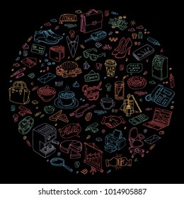 Vector color doodle illustration of day in circle shape. Sketch outline set with business symbols. Basic office handmade drawing symbol.