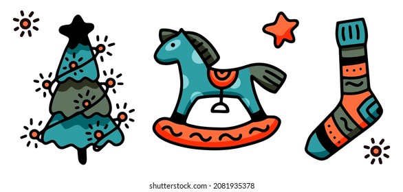 Vector color doodle illustration of a New Year's set: a Christmas tree with a garland, a rocking horse and a knitted sock