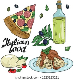 Vector color doodle illustration on white background. Italian food: pizza, mozzarella, pasta, olive oil and tomatoes. postcard and logo ideas. Good for printing.