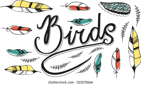 vector color doodle with the inscription birds with feathers, no background