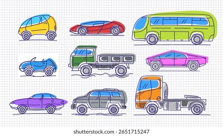 Rabiscos de cores vetoriais. Conjunto de diferentes veículos puxados à mão. Minicar, carro esportivo, cabriolet, sedan, caminhão, pick up, trator e ônibus. Brinquedos infantis. Transporte simples