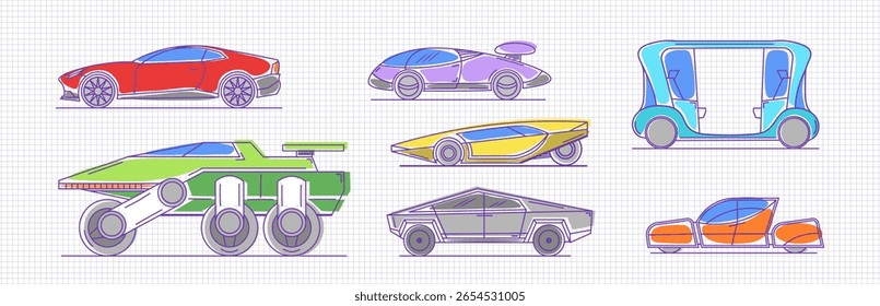 Rabiscos de cores vetoriais. Conjunto de vários transporte futurista desenhado à mão. Moon rover, carros esportivos e veículos elétricos. Modelos de linha simples. Brinquedos infantis