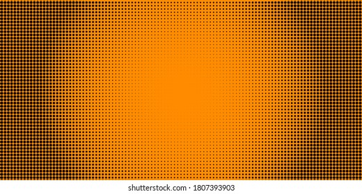 Vector color dots background. Abstract halftone texture. Black particles of different sizes on orange background.