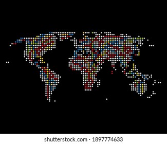 Vector color dotted world map on black background