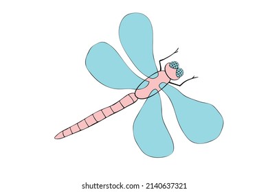 Dragonfly de color vectorial en estilo plano, aislado en fondo blanco. Elemento de diseño sencillo, imágenes prediseñadas para primavera, verano, postal, diseño de elementos naturales para niños