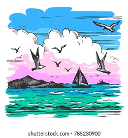 Vector color draw sketch sea landscape and boat   seagulls the background the shore and mountains 