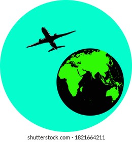 Vector color drawing of an airplane and a planet