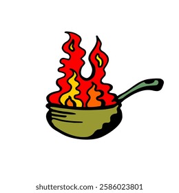 Vector color drawing, in cartoon style, burning asian deep frying pan